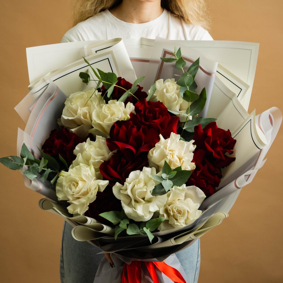 15 красно-белых роз 60 см (Эквадорские)